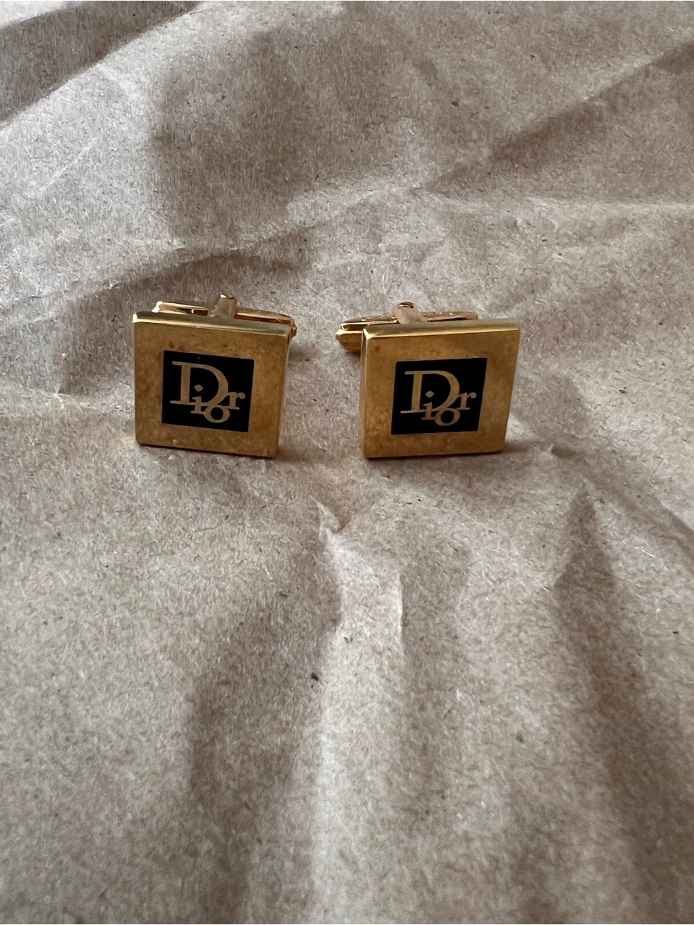 Christian Dior Vintage Gold tone black enamel square Cufflinks